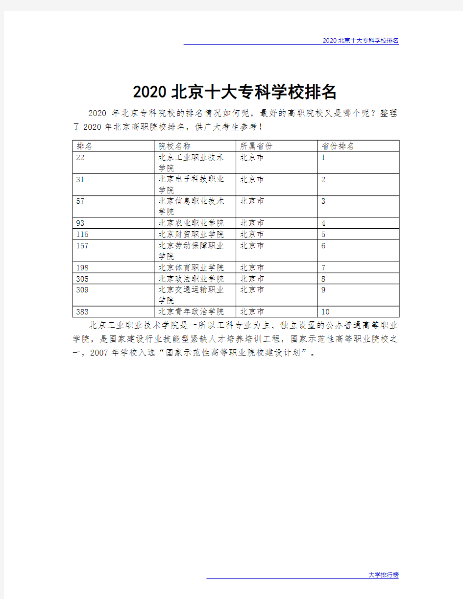 2020北京十大专科学校排名