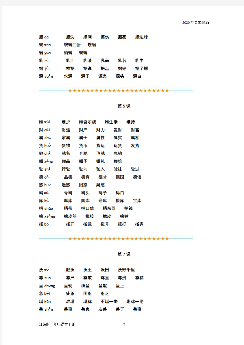 部编版四年级下册语文生字带拼音组词(完美打印版)