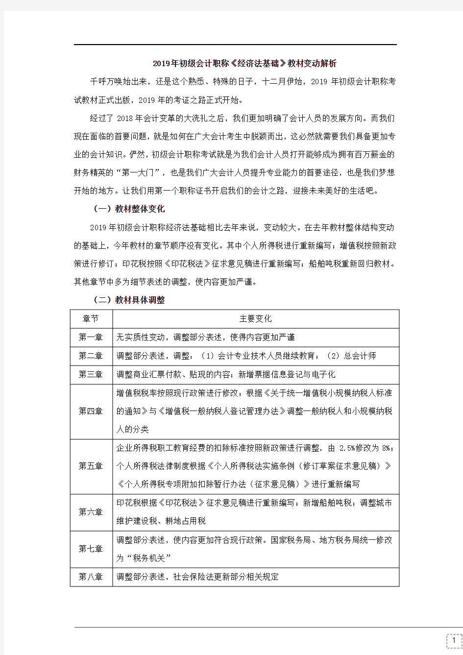 2019年初级《经济法基础》教材变动解析