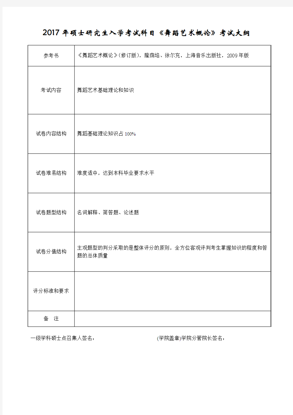 2017年硕士研究生入学考试科目《舞蹈艺术概论》考试大纲