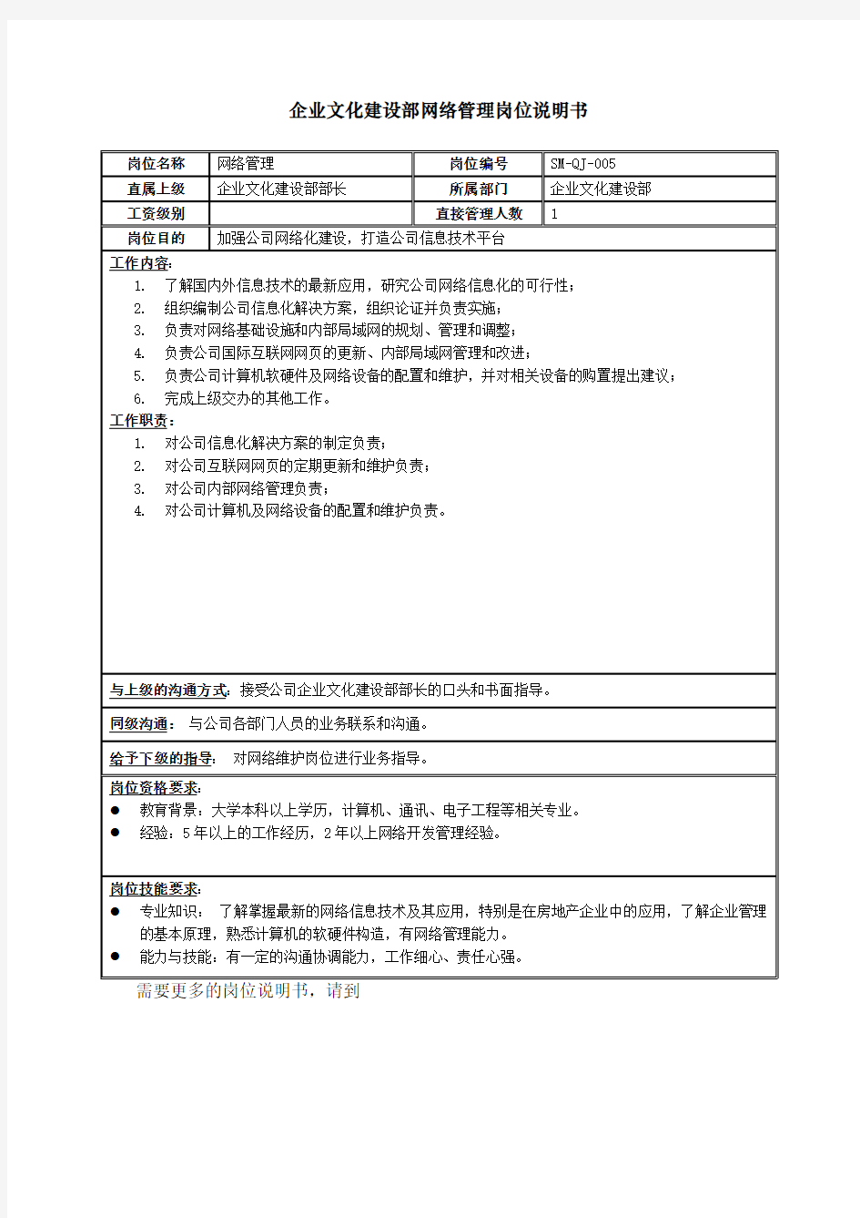 房地产行业企业文化建设部-网络管理岗位说明书