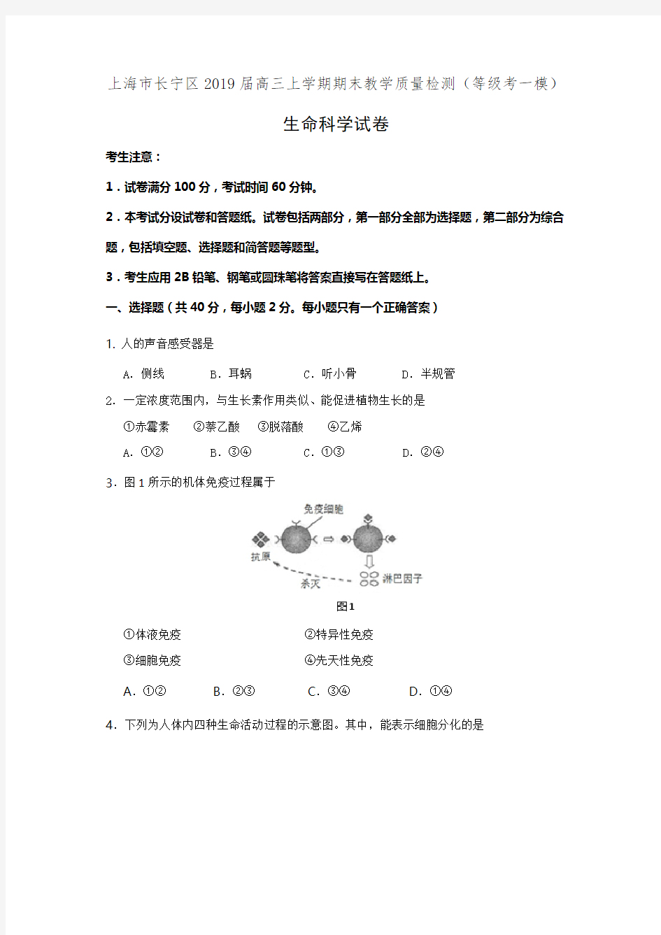 上海市长宁区2019届高三上学期期末教学质量检测生命科学试卷(有答案)