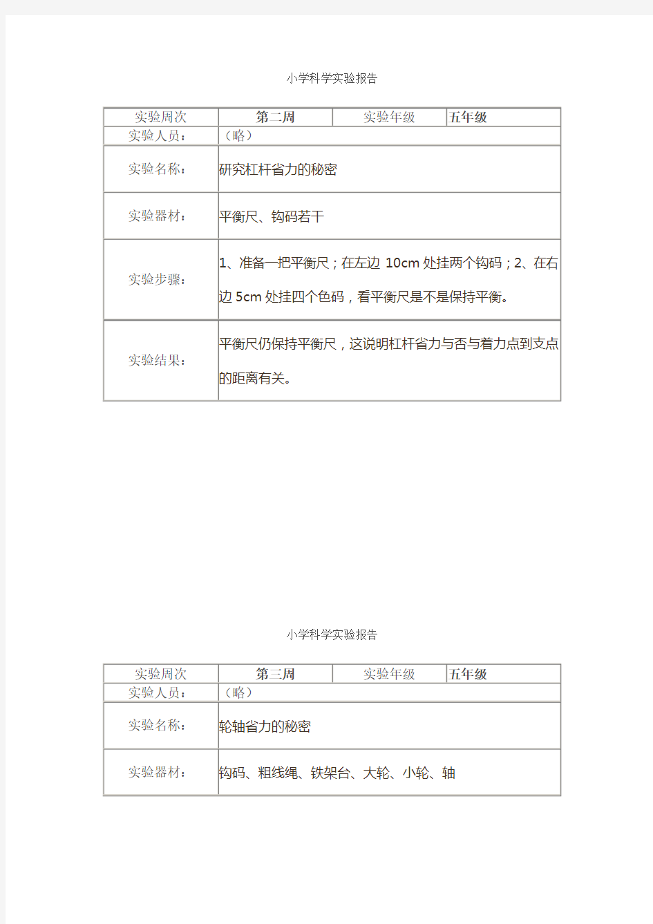 苏教版五年级科学下册实验报告 