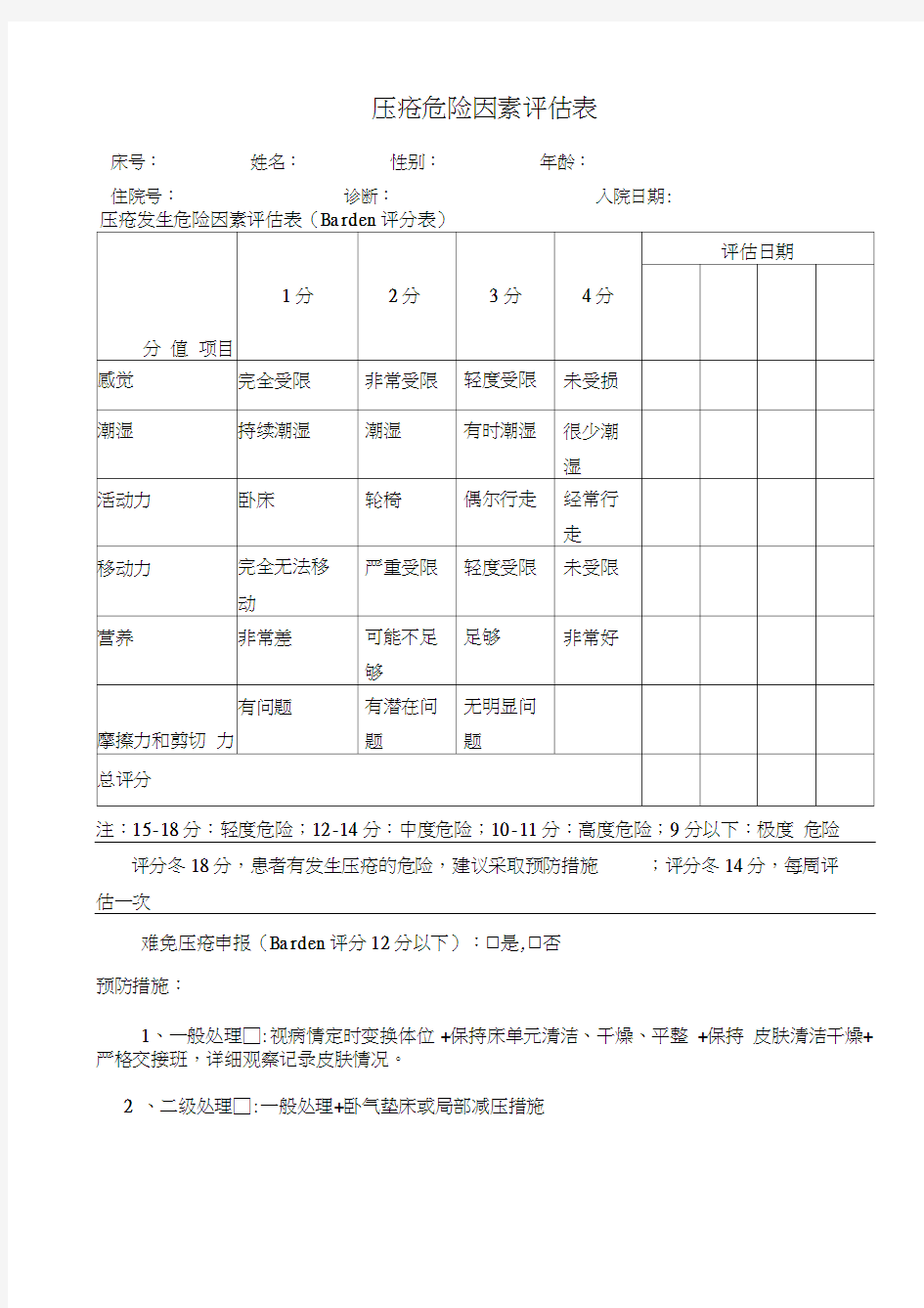 压疮危险因素评估表