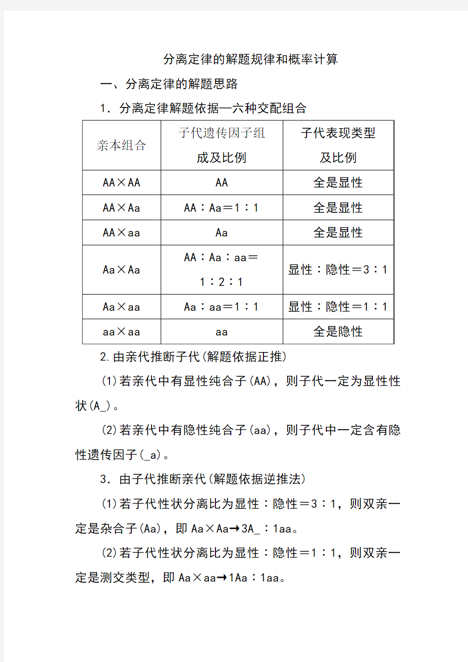 高中生物最新专题分离定律的解题规律和概率计算