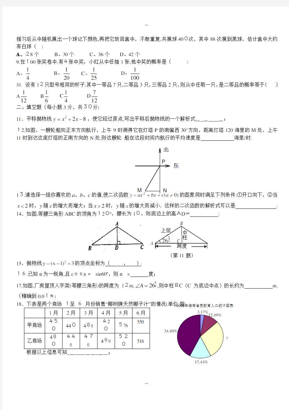 九年级数学上下册期末试卷