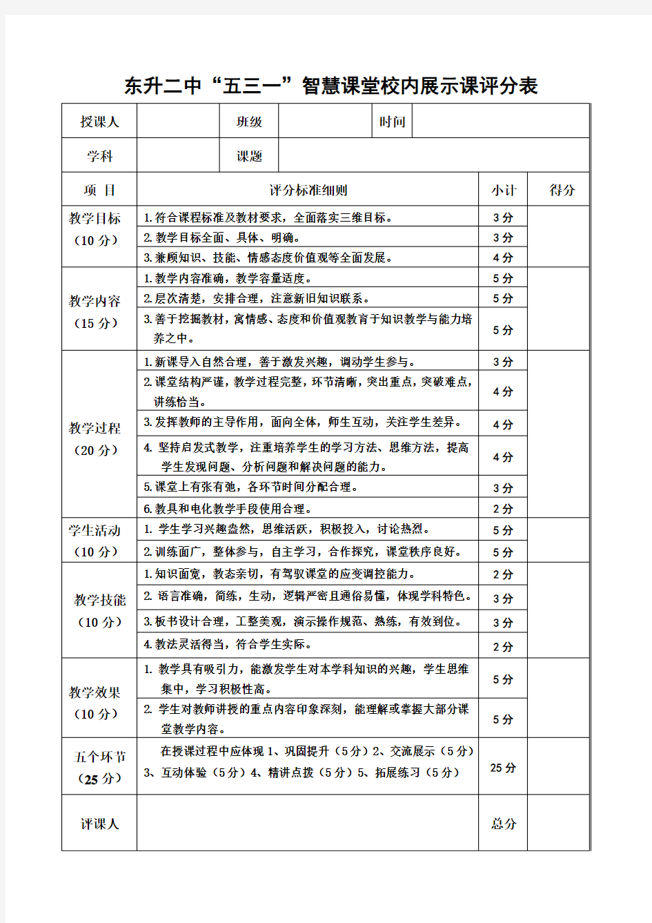 东升二中青年教师汇报课评分表