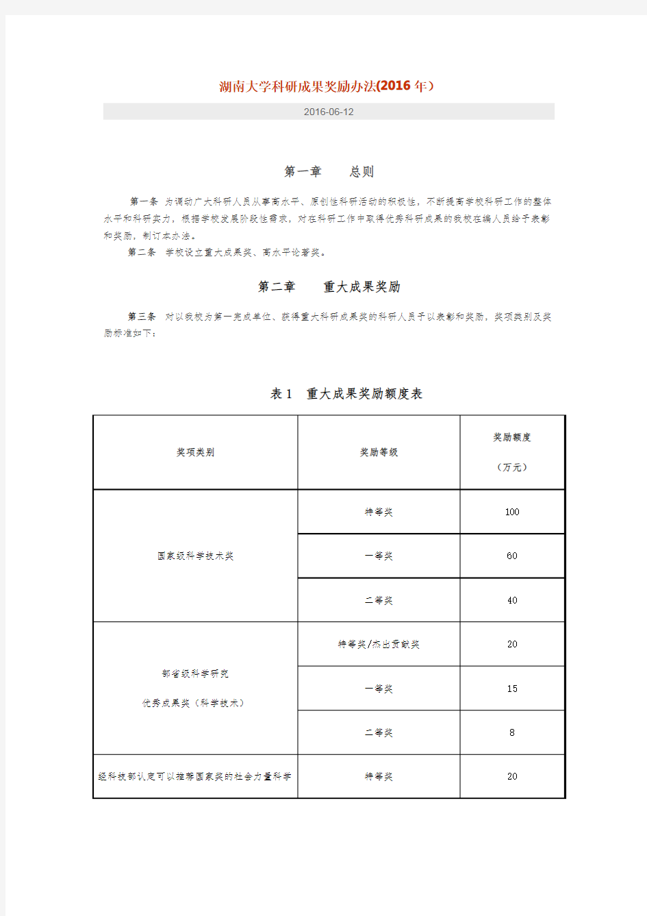 湖南大学科研成果奖励办法(2016年).