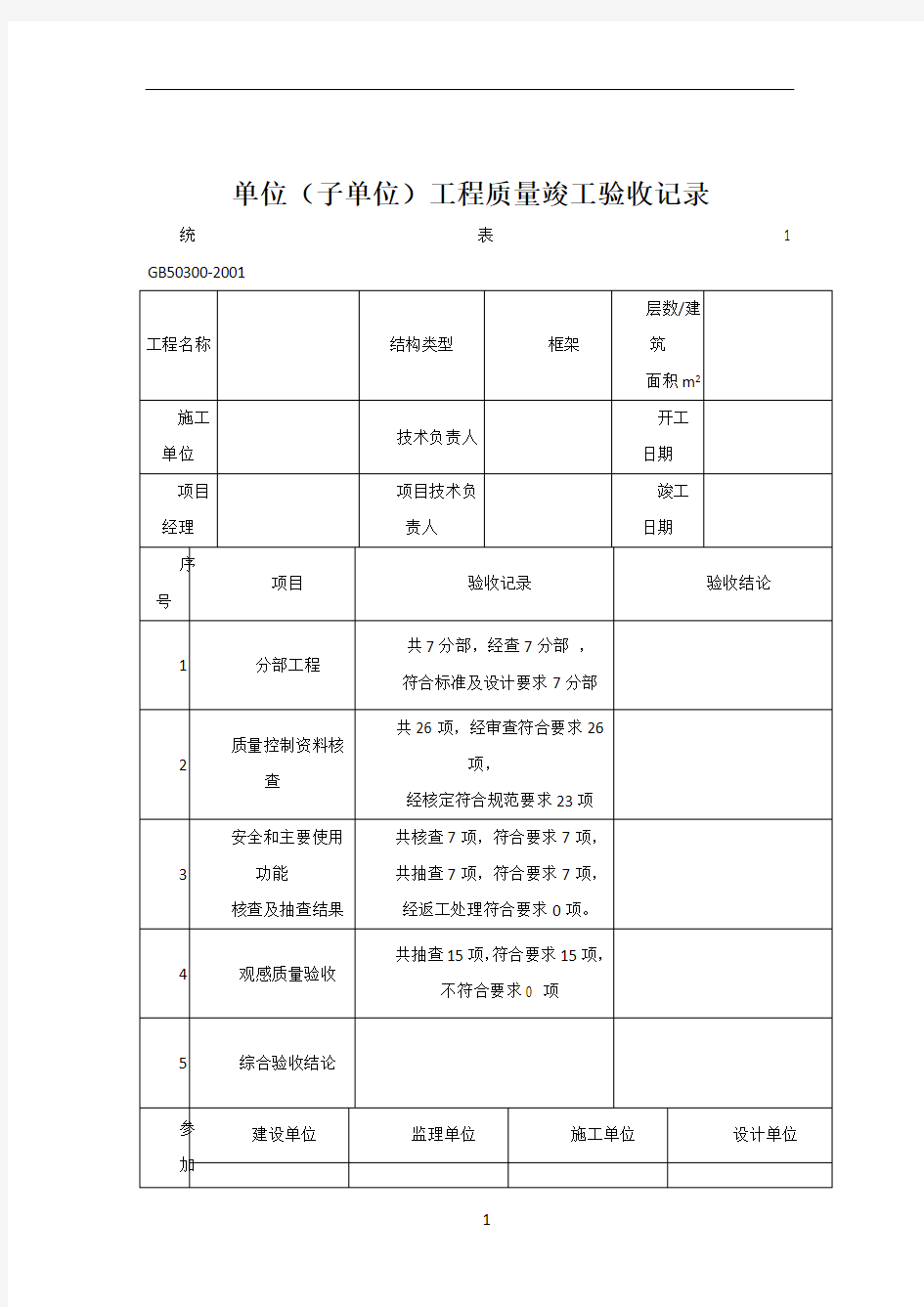 单位工程施工质量验收记录 竣工统表