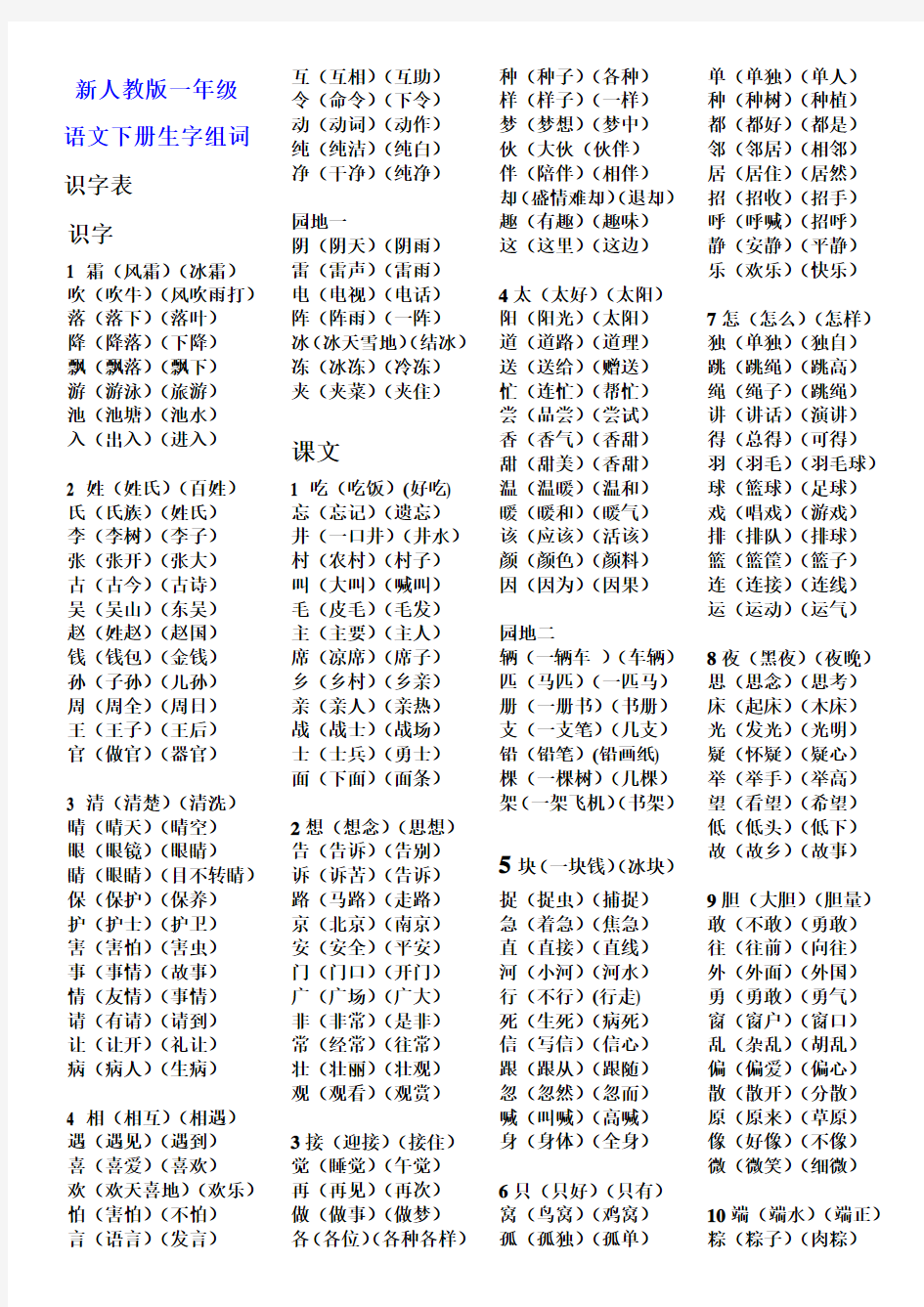 一年级下册语文生字组词