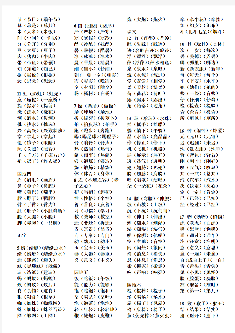 一年级下册语文生字组词