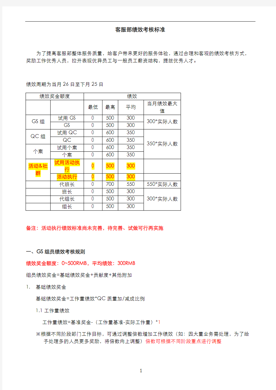 客服部绩效考核标准(1.3)