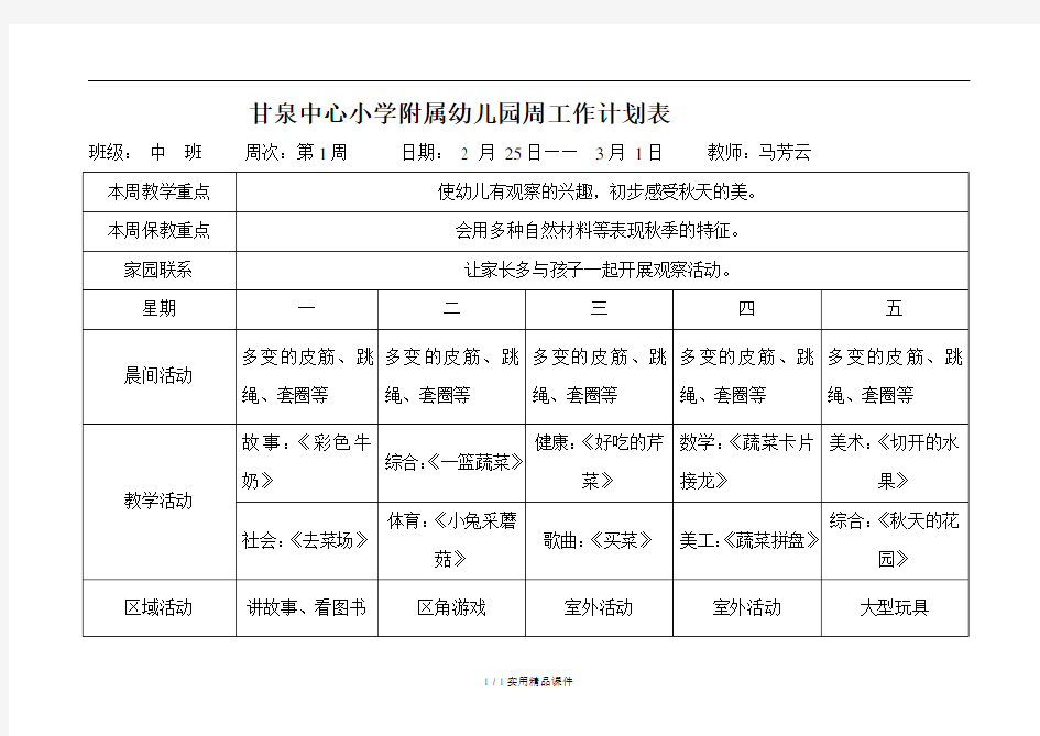 小班幼儿园周工作计划表19366