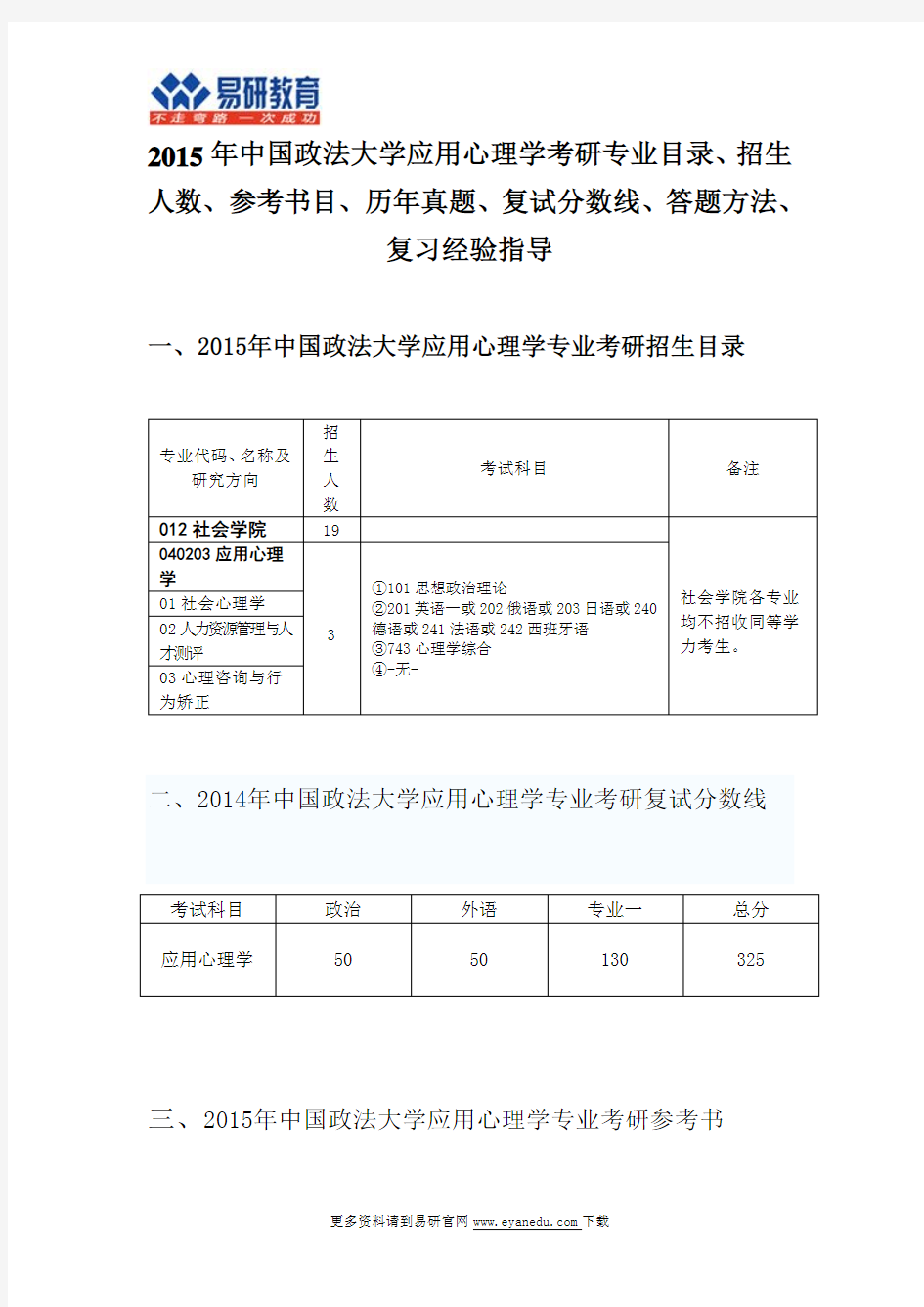 2015中国政法大学应用心理学考研专业目录招生人数参考书目历年真题复试分数线答题方法