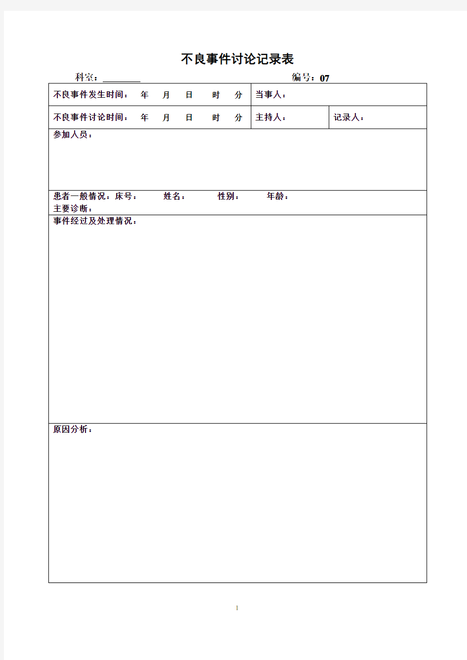 不良事件讨论记录表(空白表)