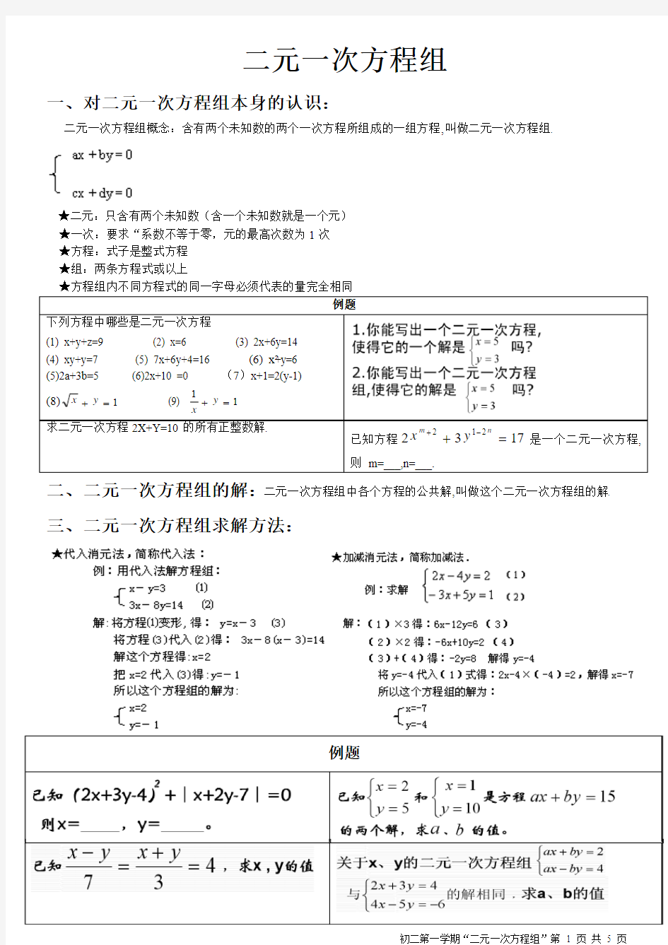 二元一次方程组复习,总结,知识点汇总