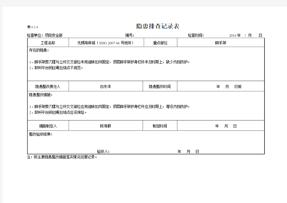 项目部隐患排查记录汇总表