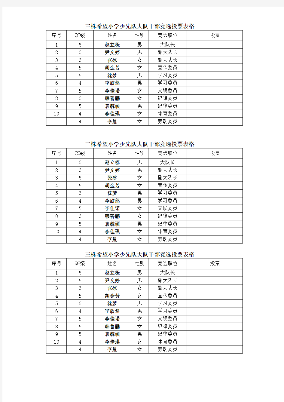 少先队大队干部竞选投票表格