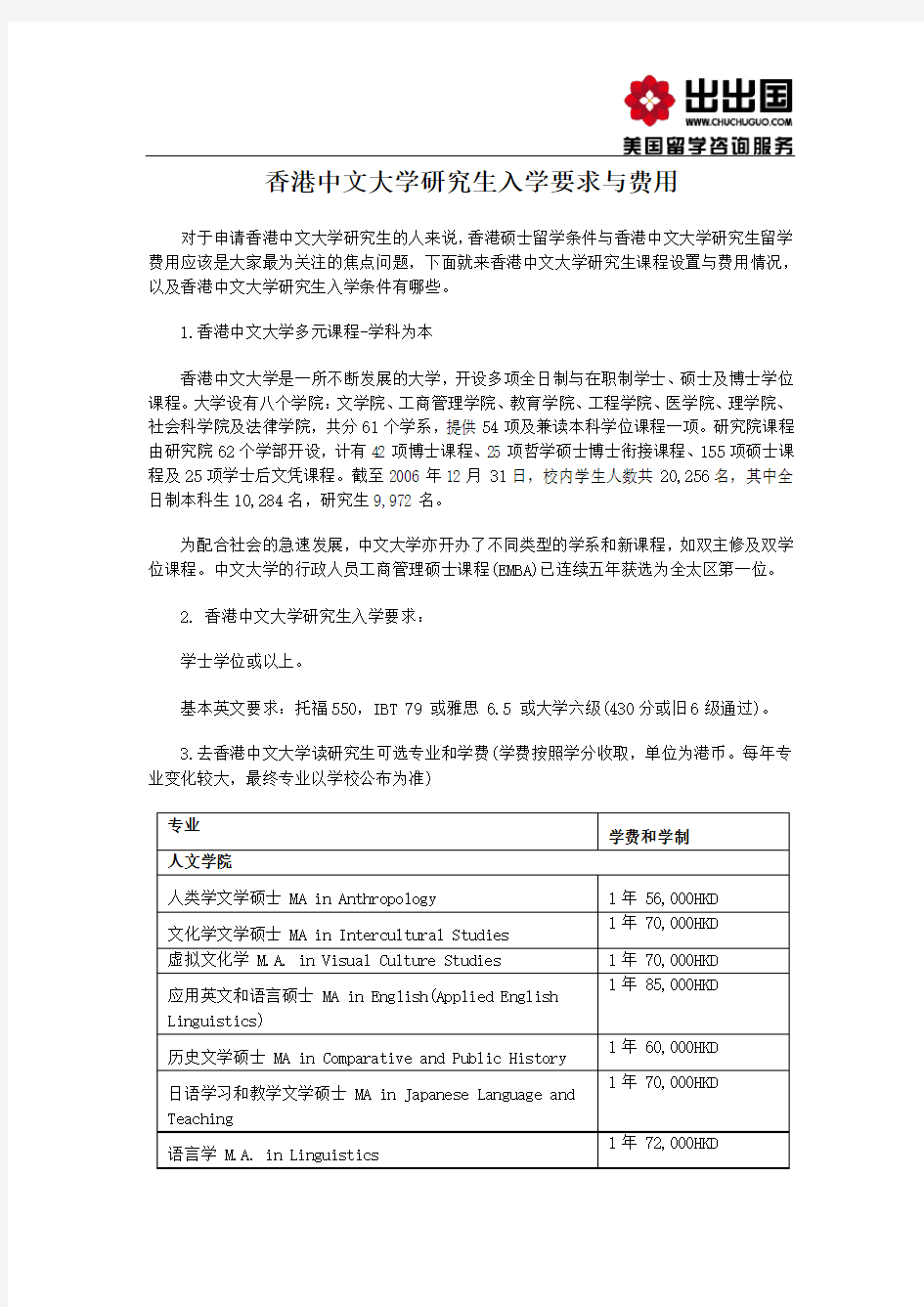 香港中文大学研究生入学要求与费用