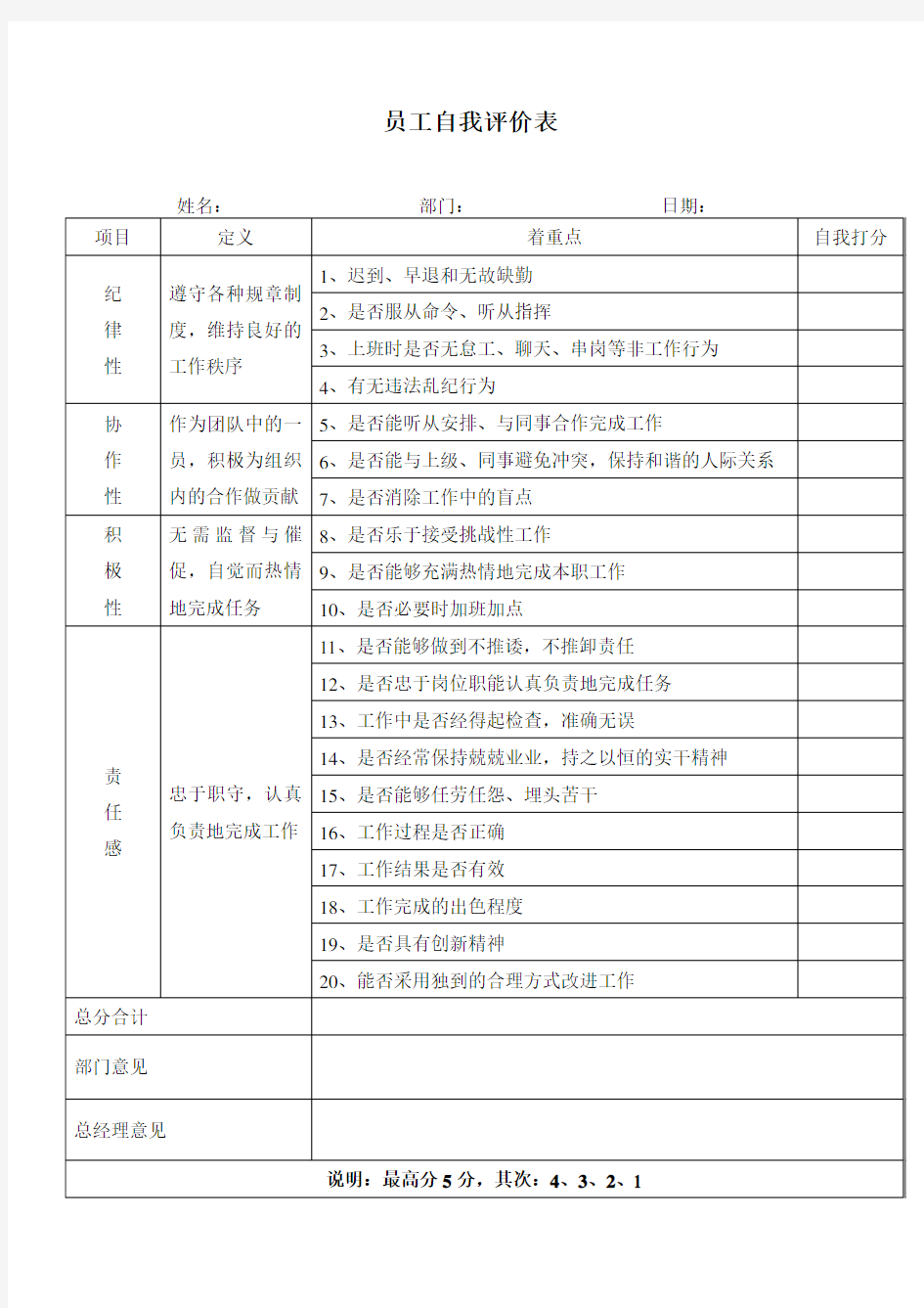 员工自我评价表