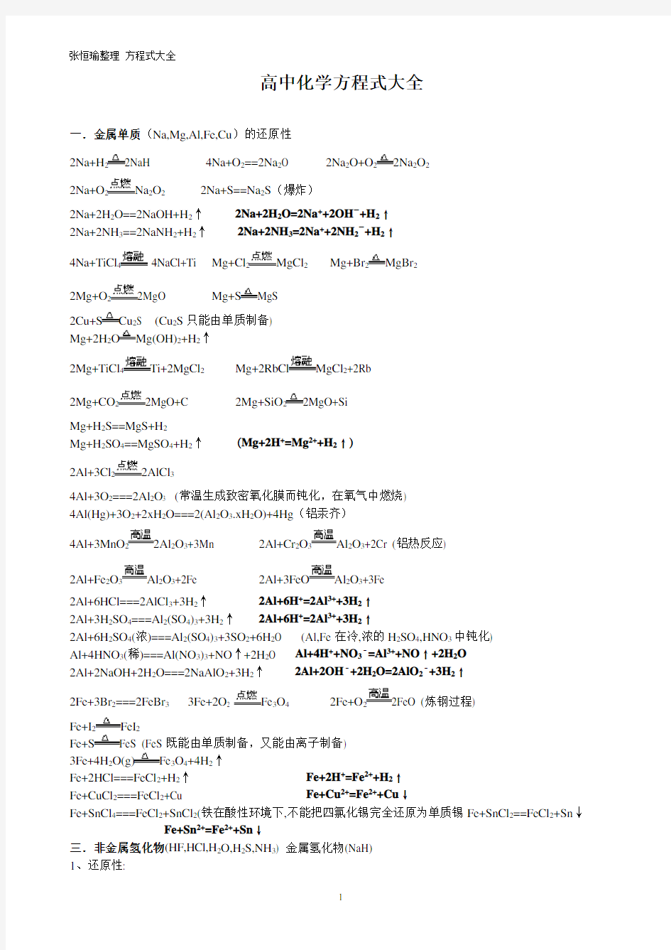 人教版高中化学方程式大全