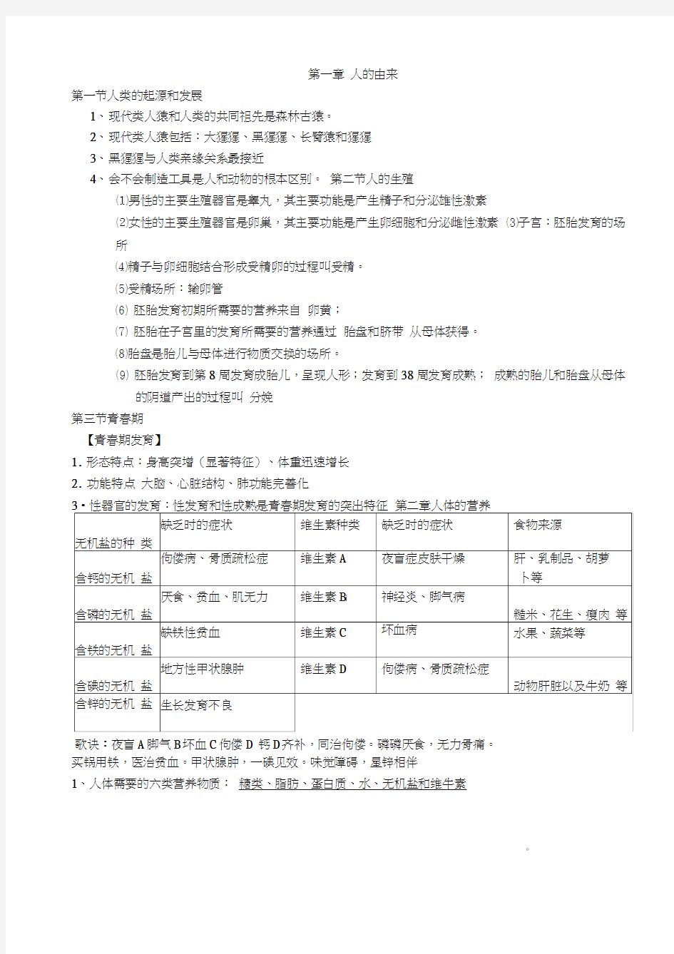 2017人教版七年级下册生物学复习提纲