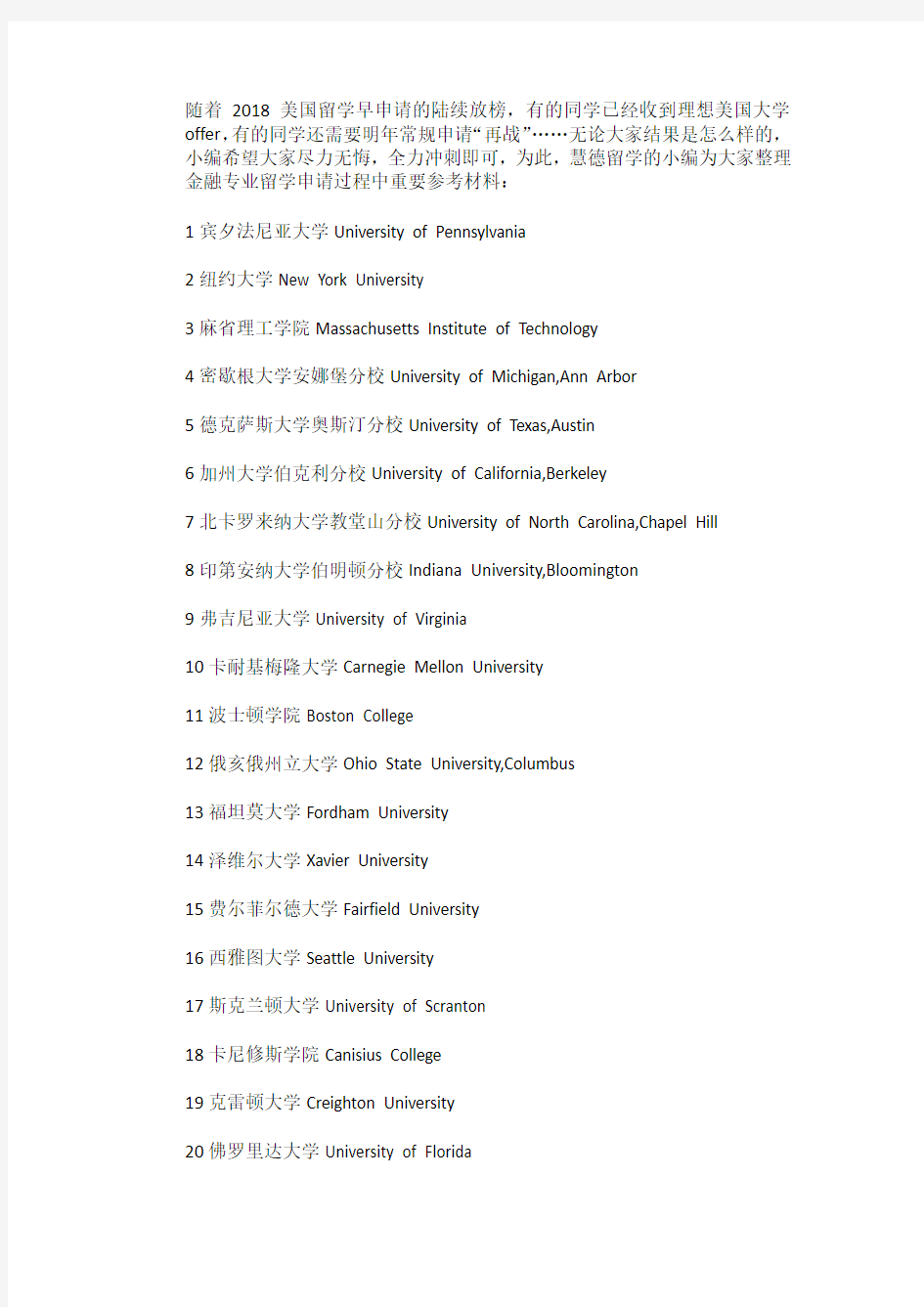 2018美国USNEWS本科金融专业排名