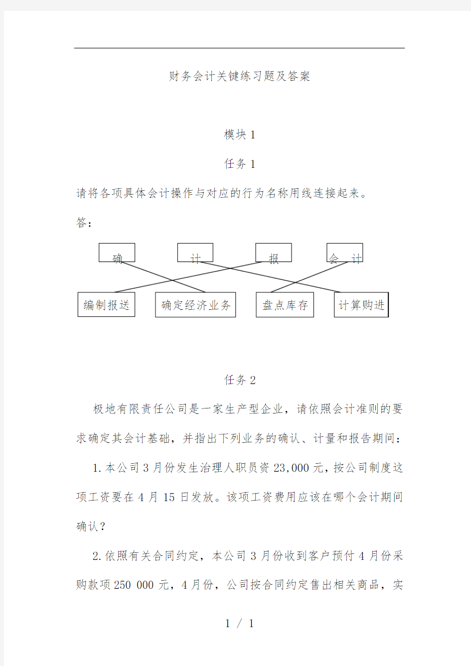 财务会计关键练习题与标准答案