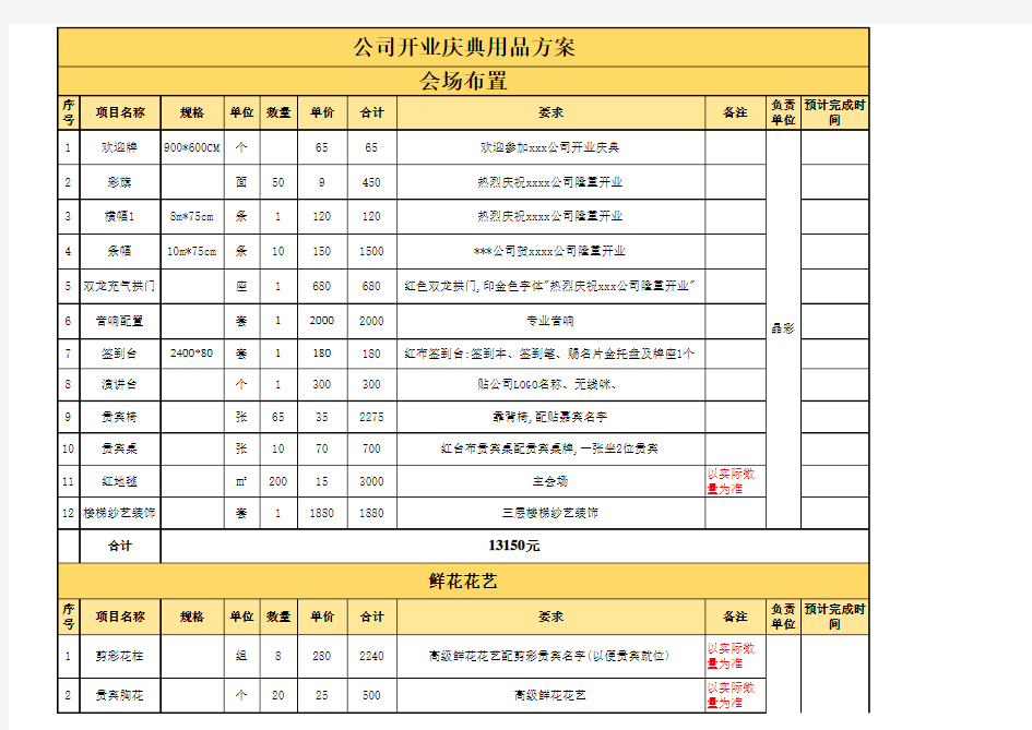 庆典活动报价单