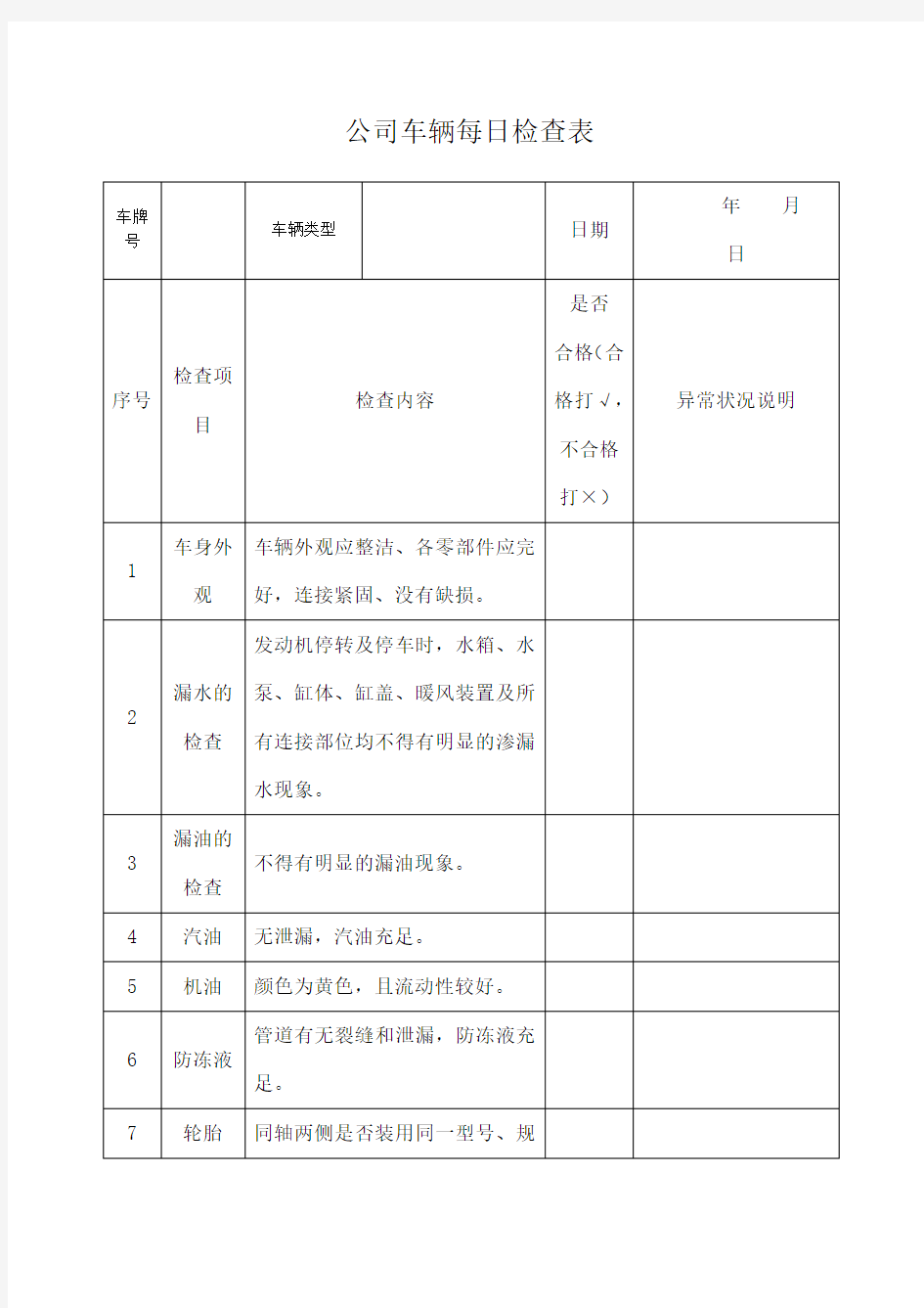 公司车辆每日检查表