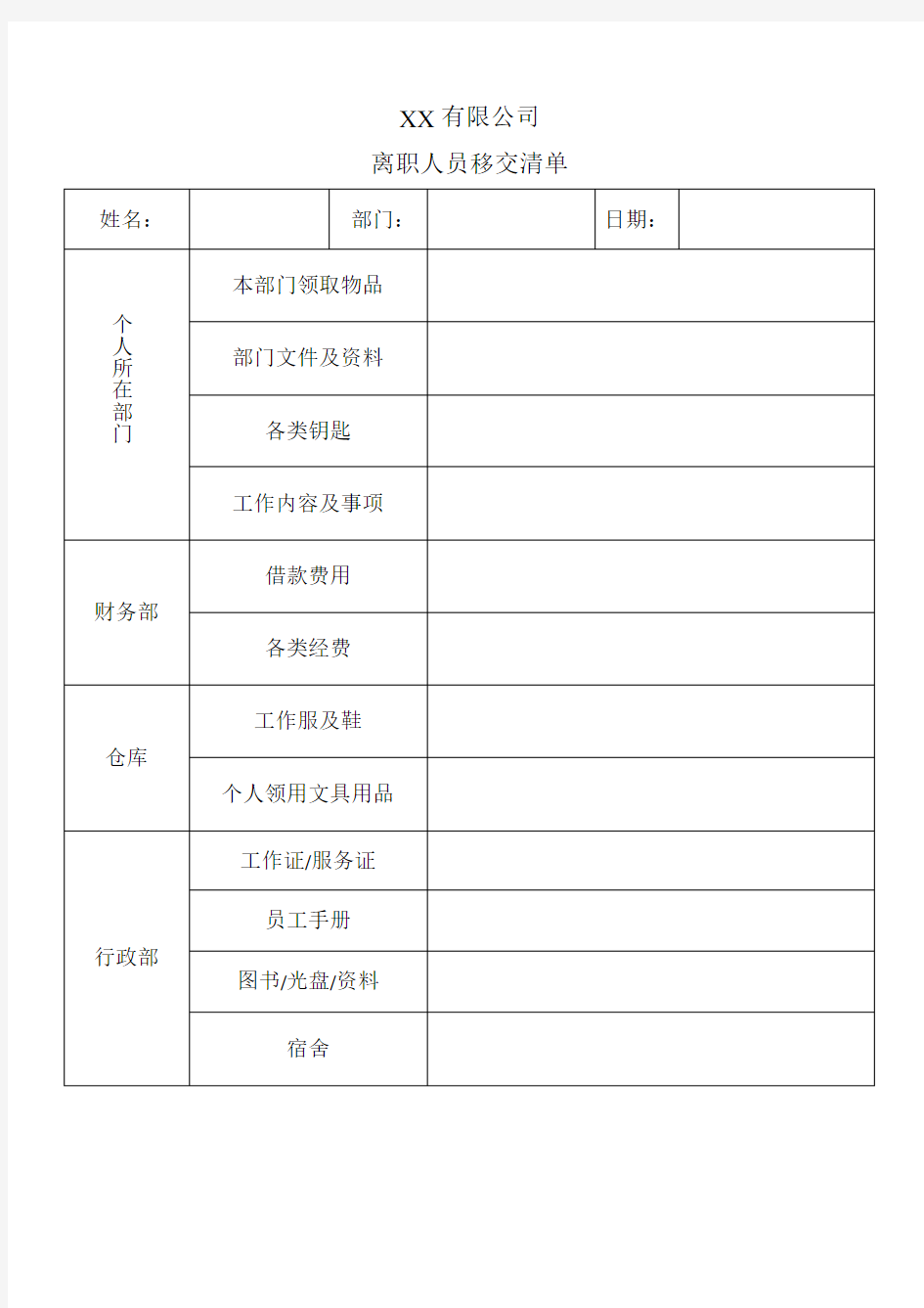 离职手续移交清单模板