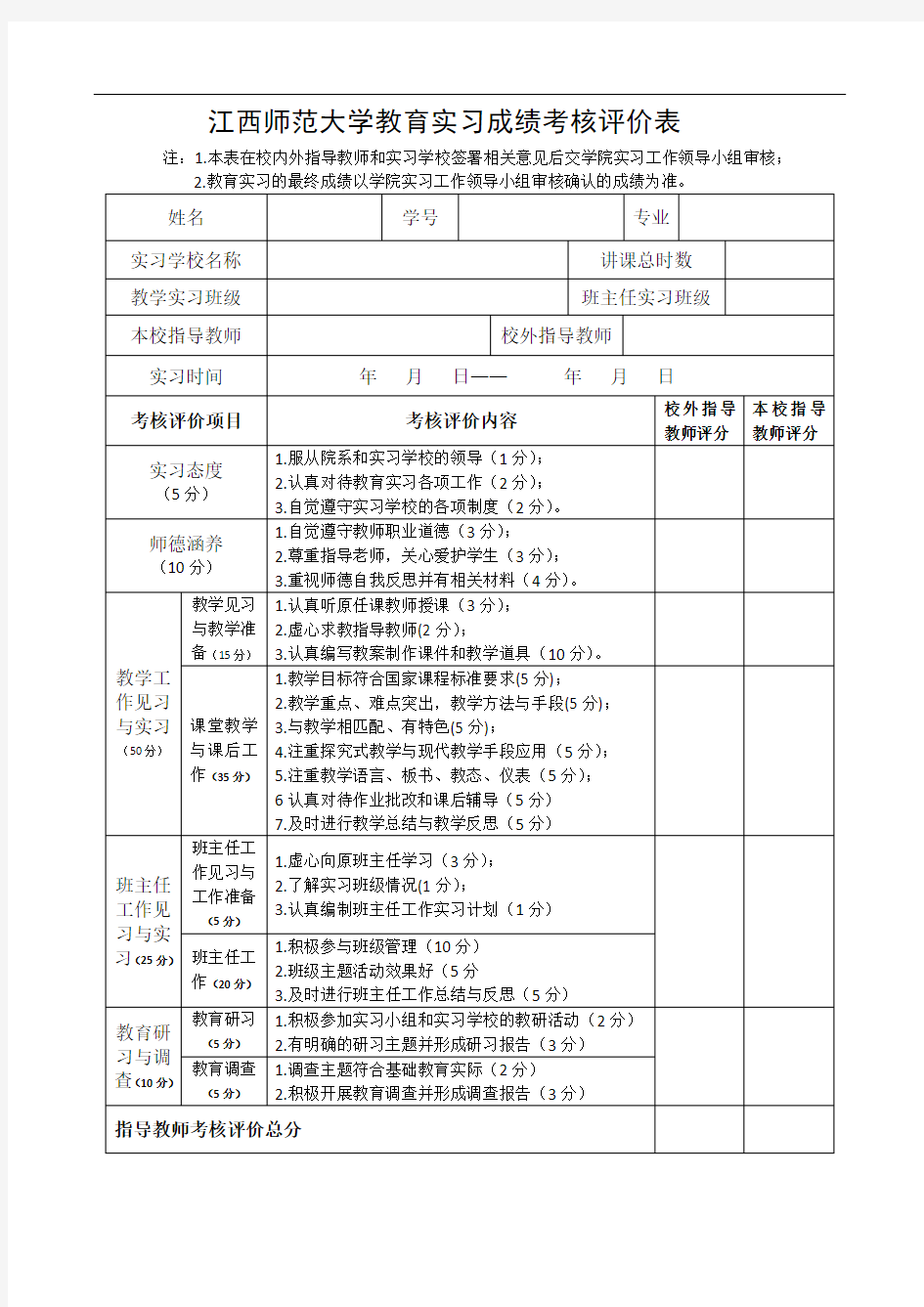 江西师范大学教育实习成绩考核评价表