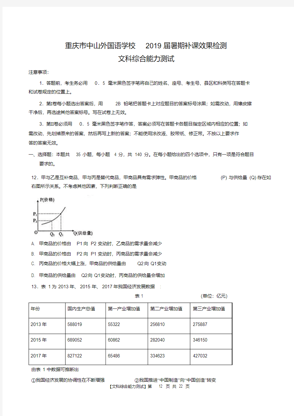 2019届高三政治试题