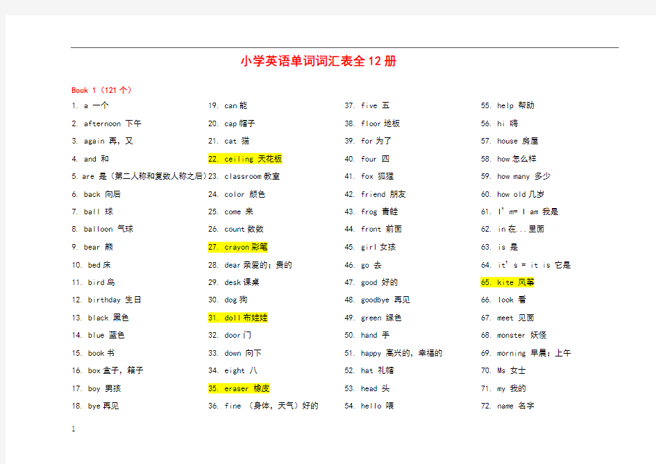 小学英语单词表全12册