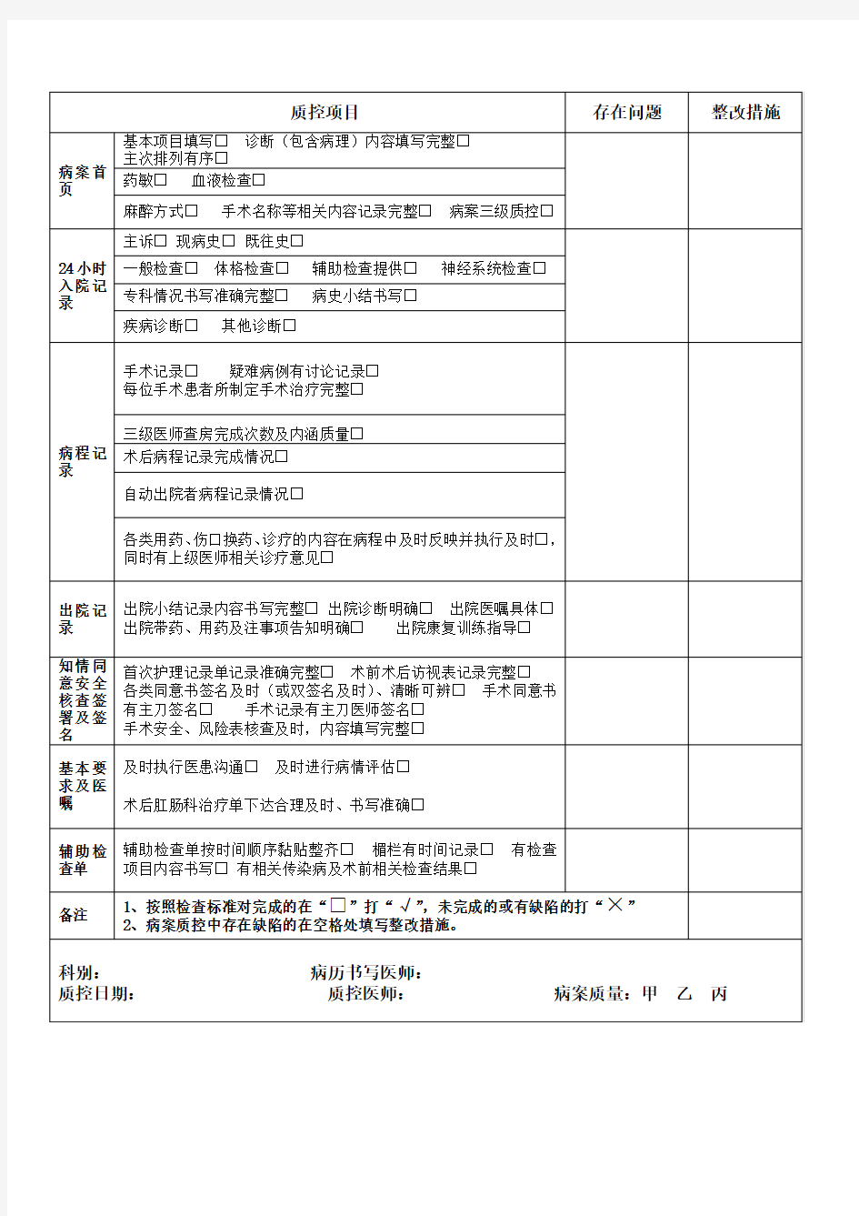 住院病历质控表