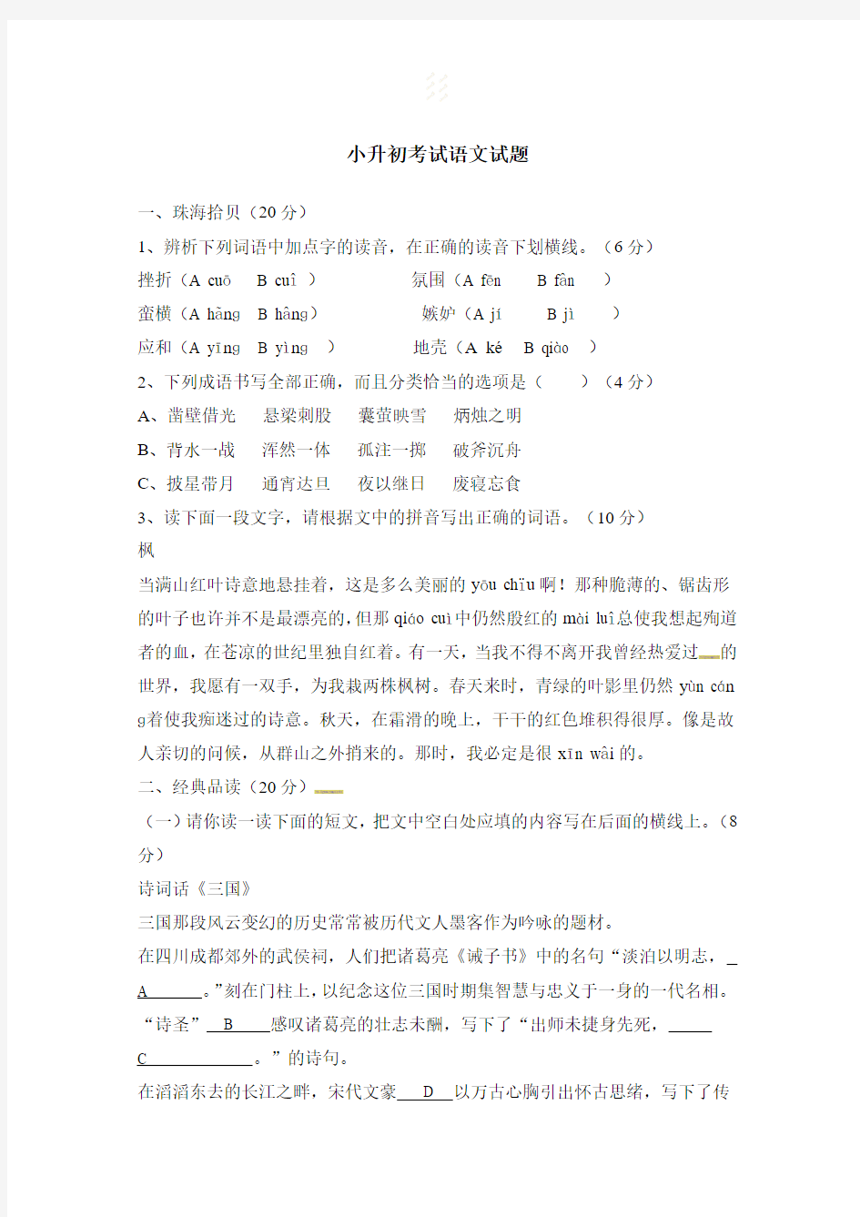 小升初考试语文试题(含答案)