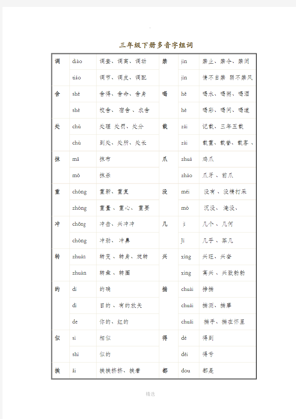 三年级下册多音字组词