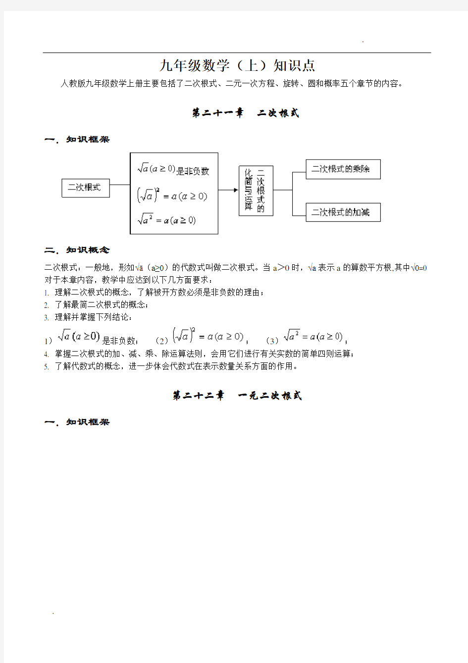 初中九年级数学知识点总结