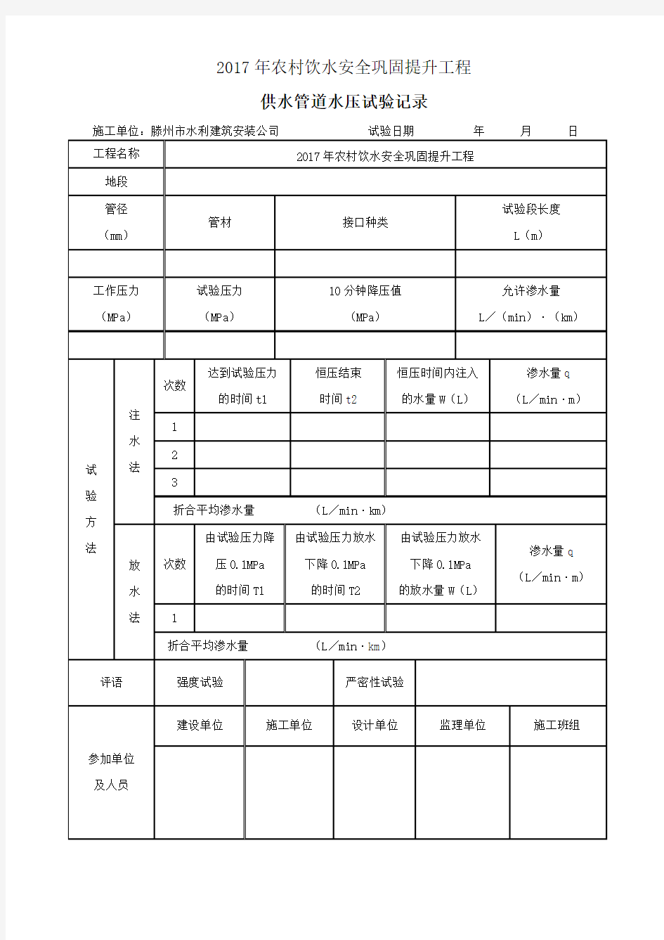 供水管道水压试验记录表