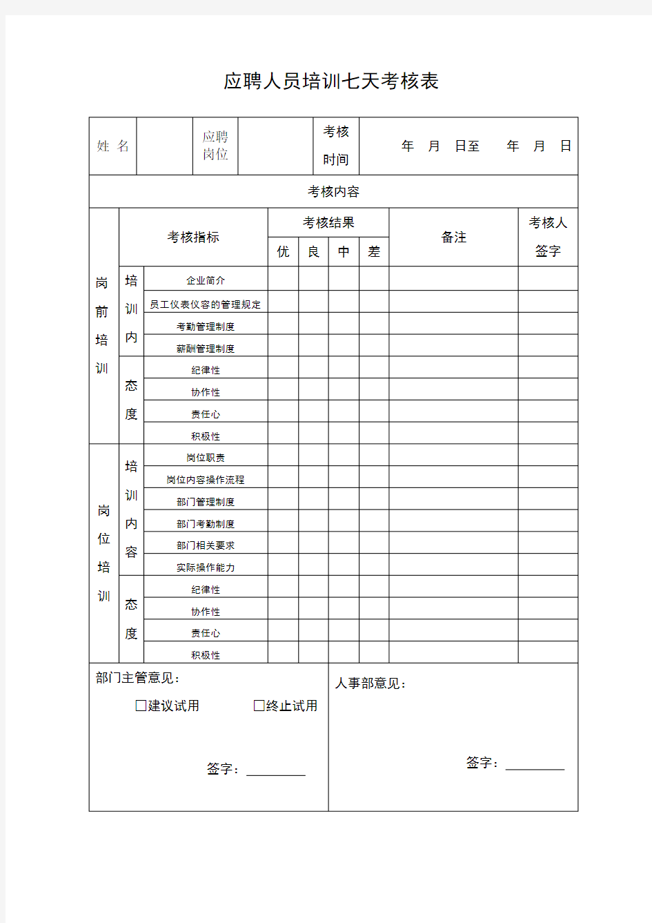 新员工七天培训考核表