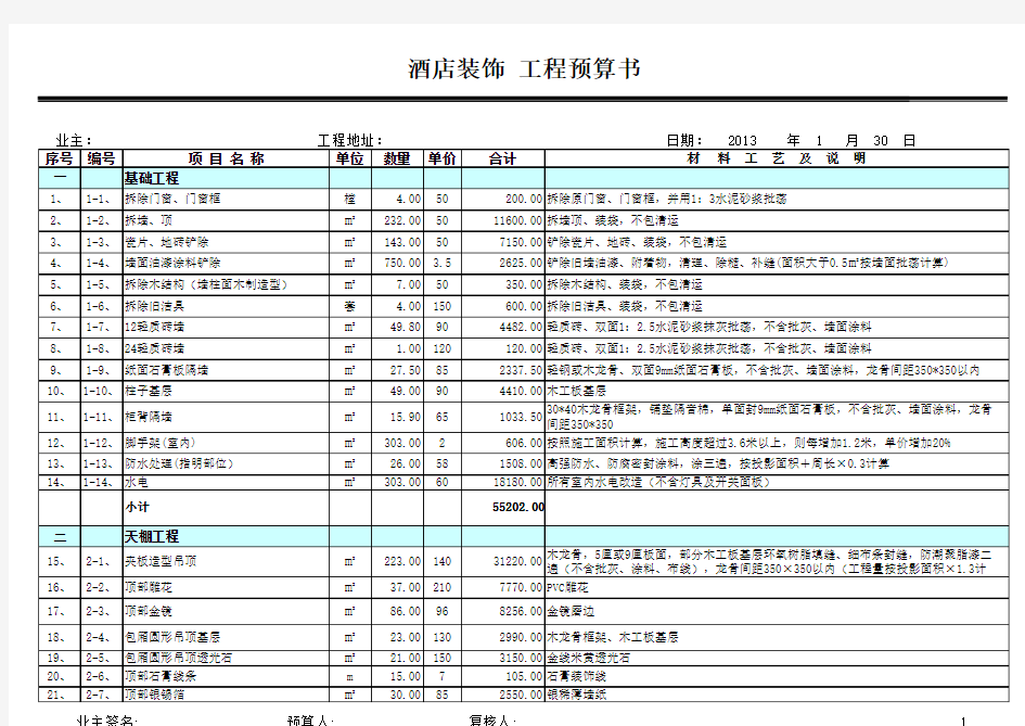 大酒店装修施工报价单