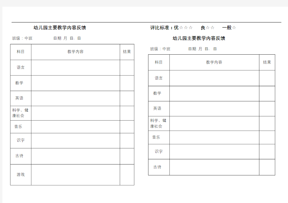 幼儿园教学反馈表