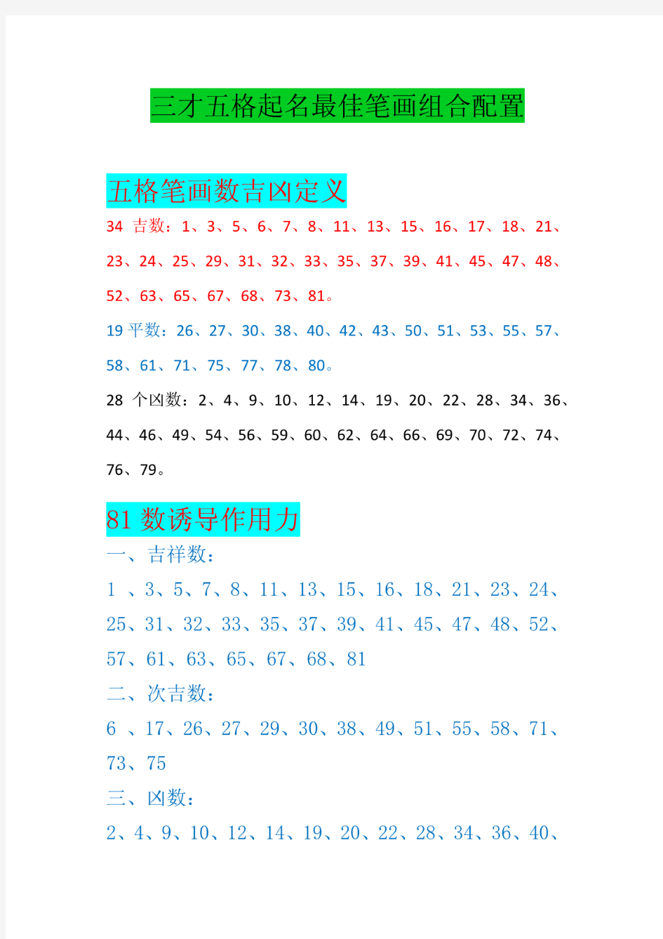 三才五格起名最佳笔画组合配置