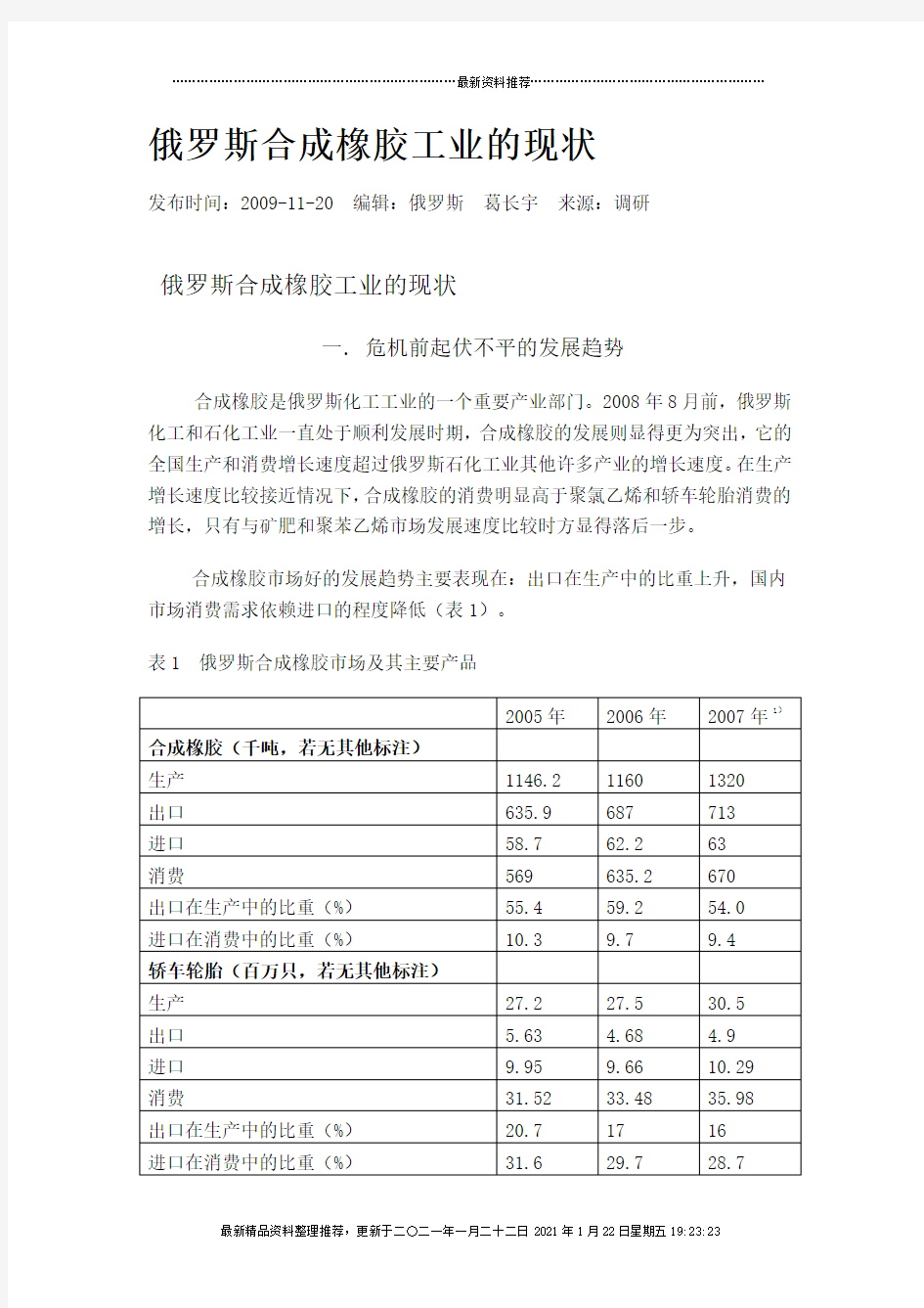 俄罗斯合成橡胶工业的发展现状