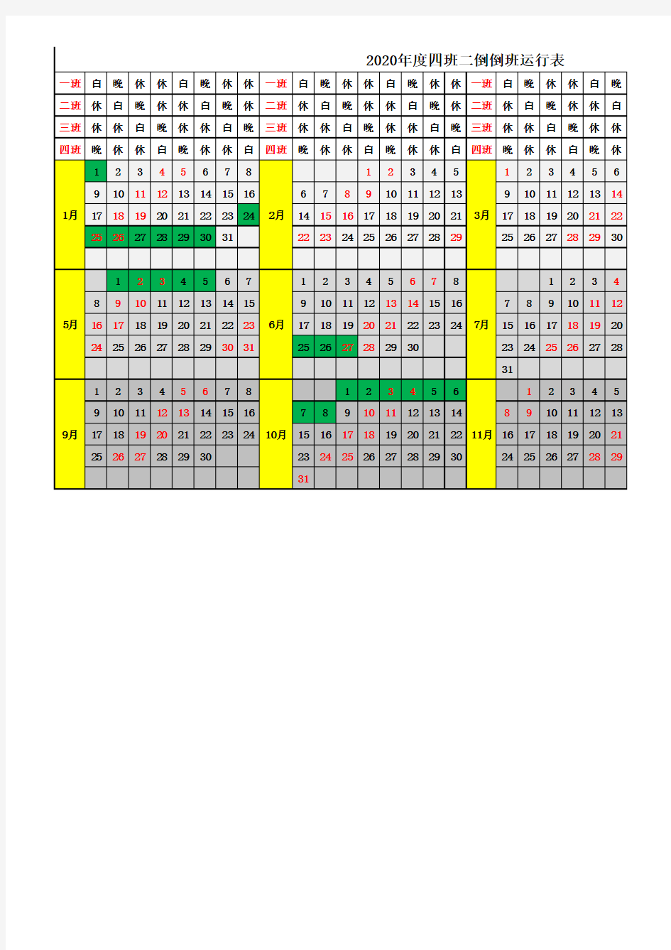 2020年四班两倒制运行表