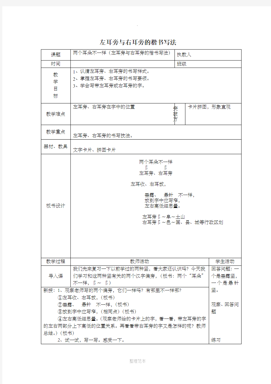 硬笔书法楷书偏旁部首左耳旁、右耳旁教案