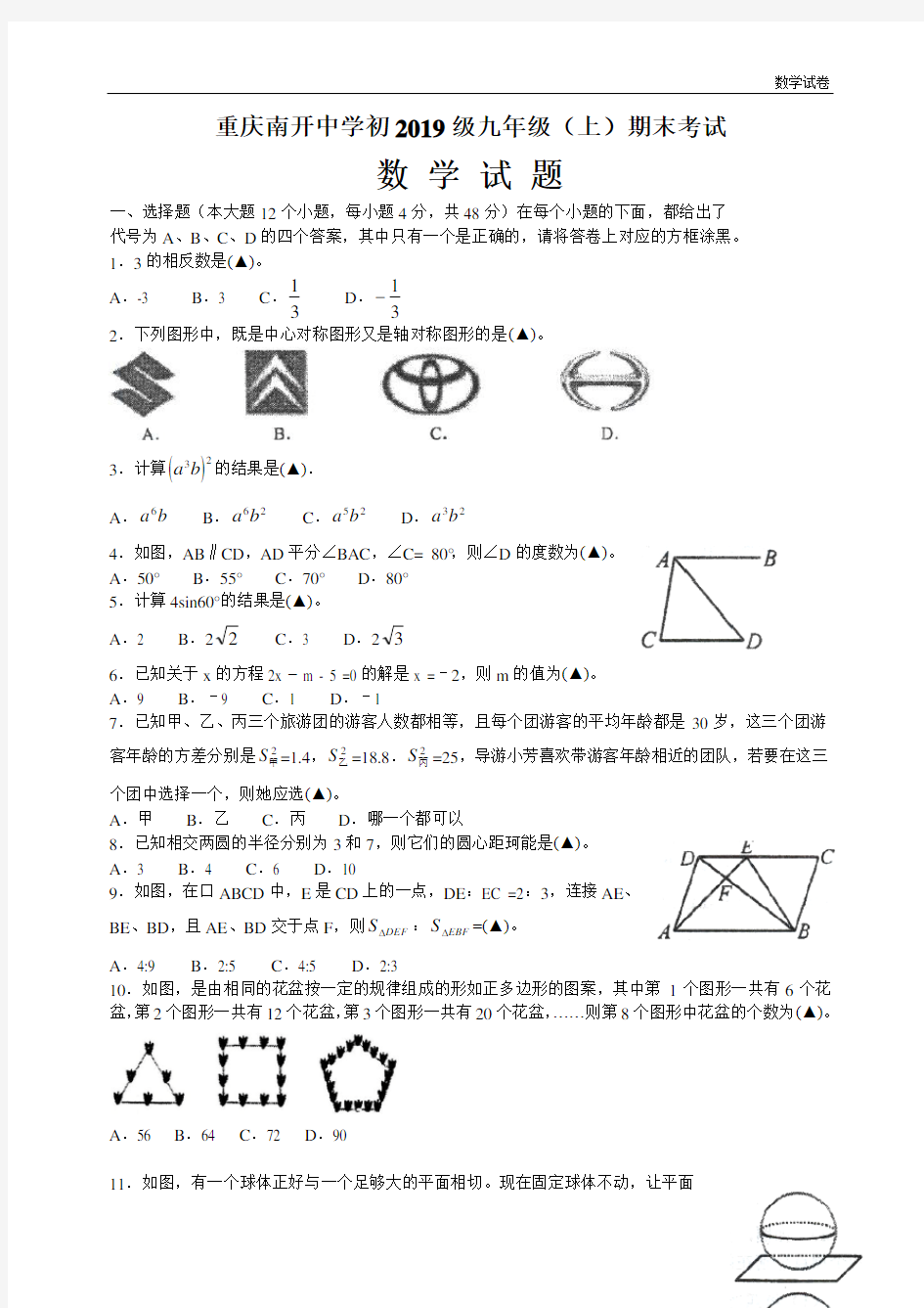 重庆市南开中学2019届九年级上期末考试数学试题