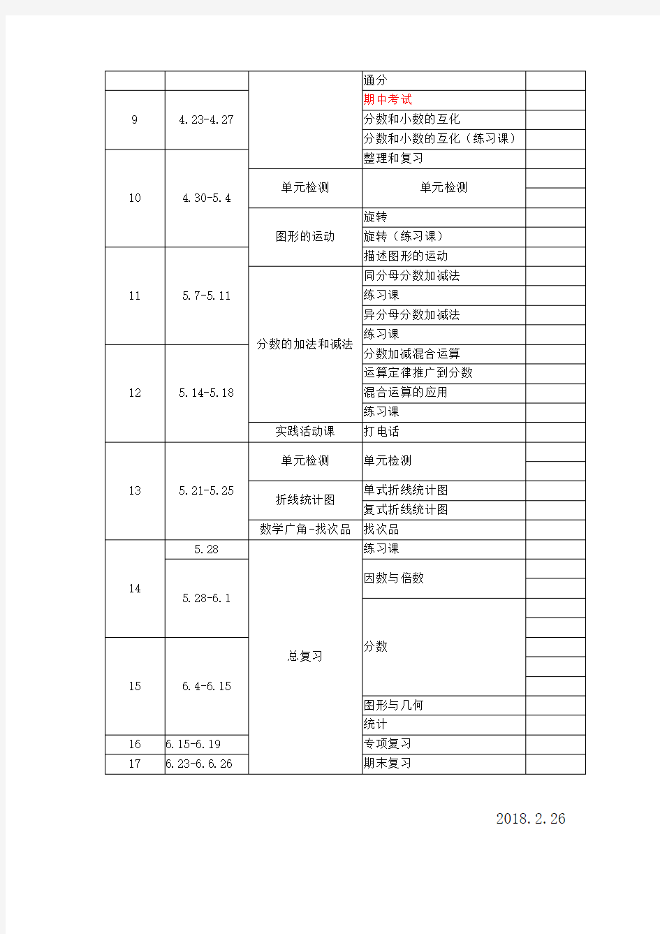 五年级下册数学教学进度表-