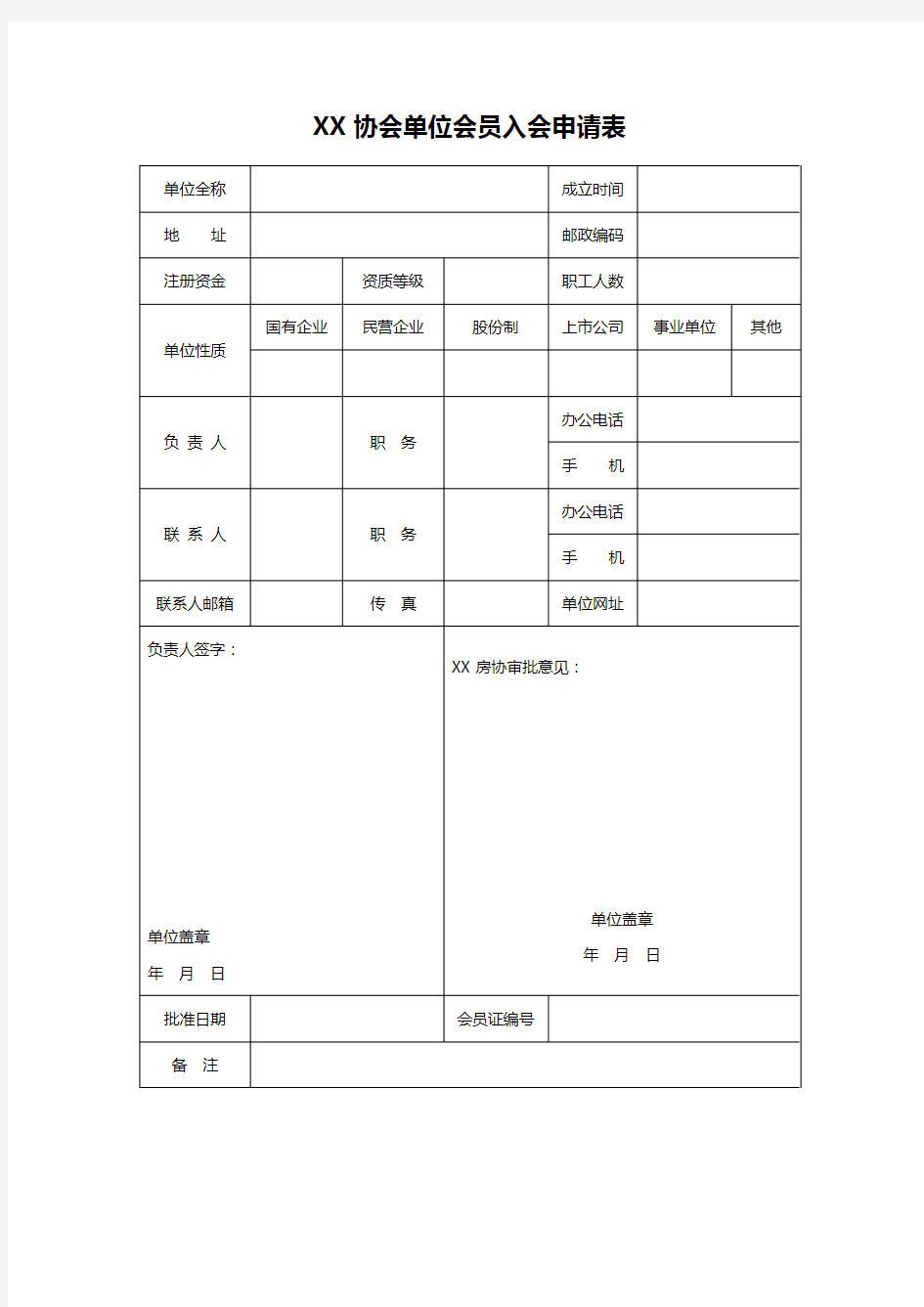 XX协会单位会员入会申请表