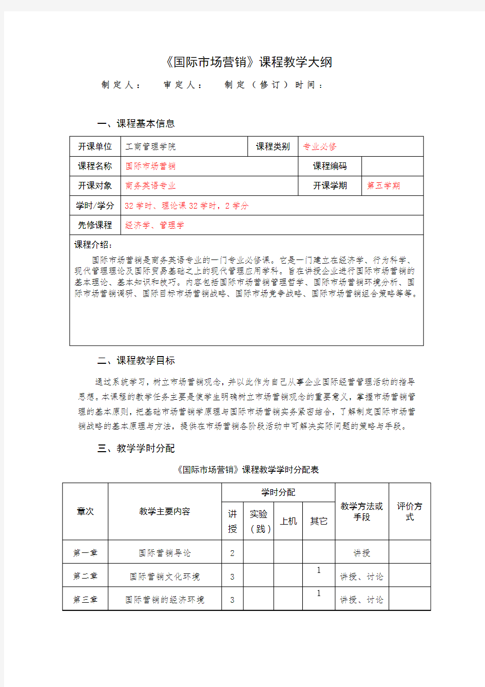 国际市场营销理论课程教学大纲模板5